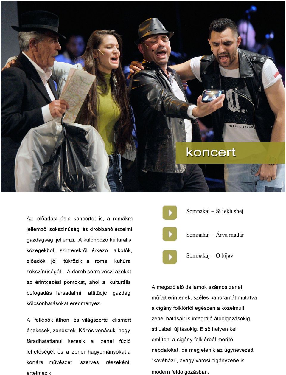 A darab sorra veszi azokat az érintkezési pontokat, ahol a kulturális befogadás társadalmi attitüdje gazdag kölcsönhatásokat eredményez. A fellépők itthon és világszerte elismert énekesek, zenészek.
