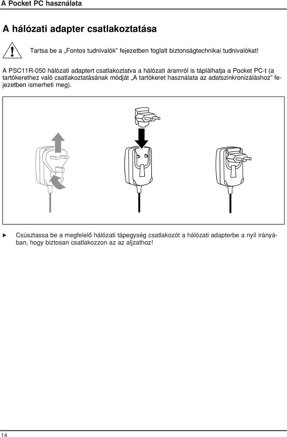 A PSC11R-050 hálózati adaptert csatlakoztatva a hálózati áramról is táplálhatja a Pocket PC-t (a tartókerethez való