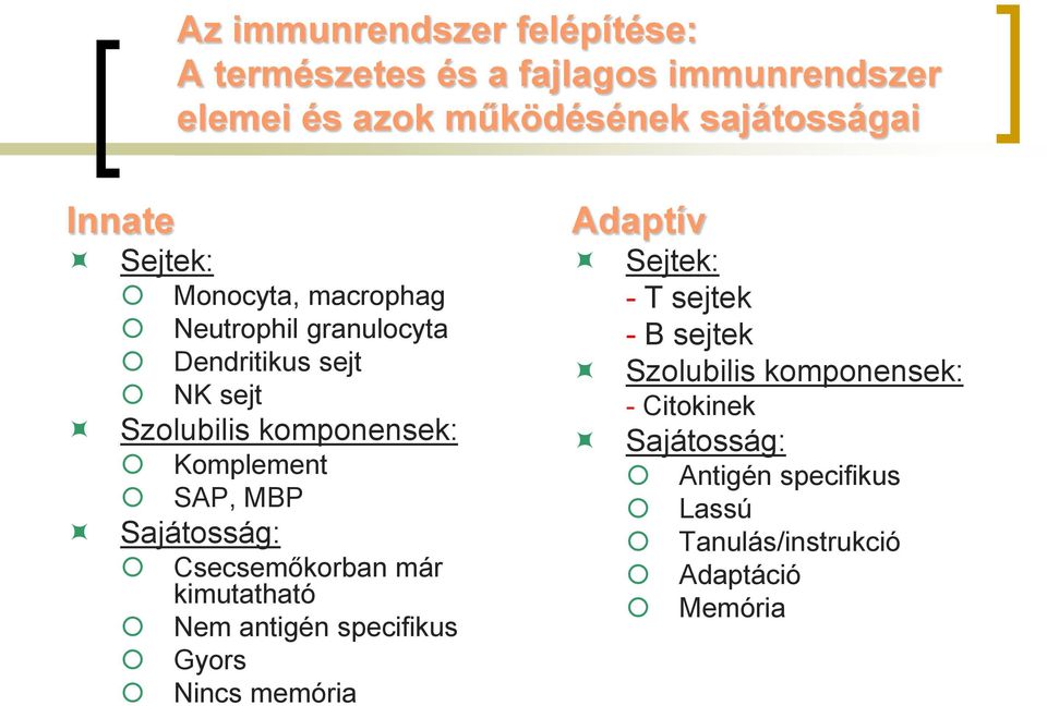 MBP Sajátosság: Csecsemőkorban már kimutatható Nem antigén specifikus Gyors Nincs memória Adaptív Sejtek: - T sejtek