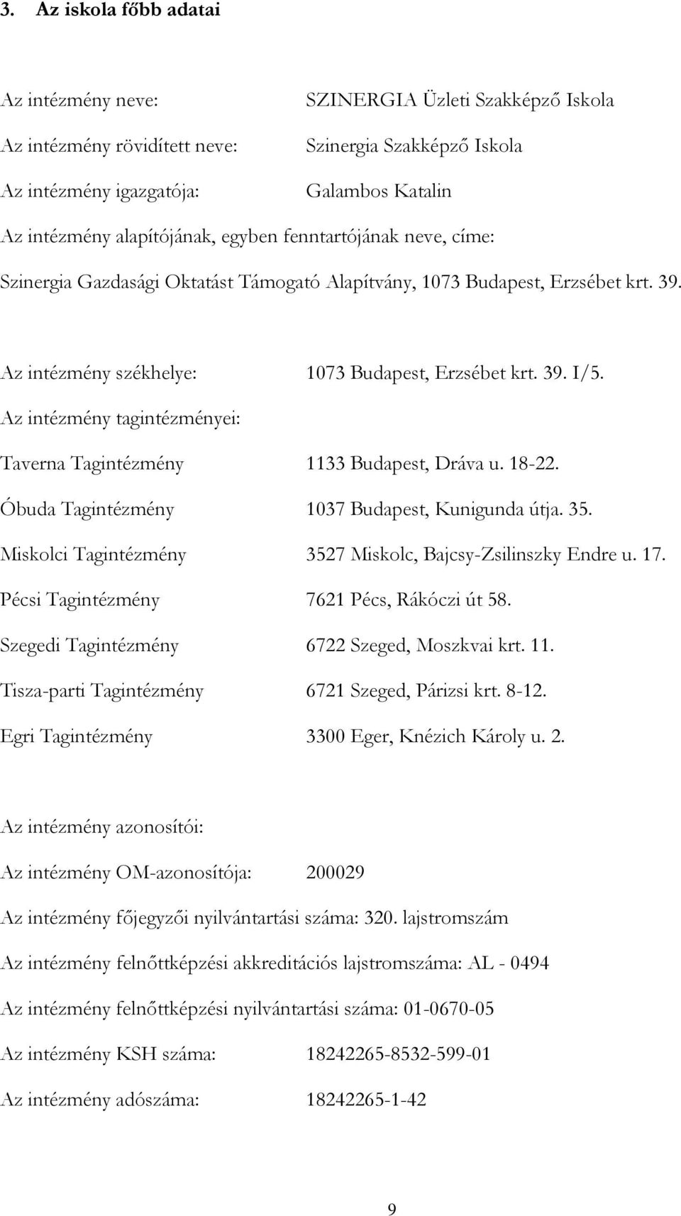 Az intézmény tagintézményei: Taverna Tagintézmény 1133 Budapest, Dráva u. 18-22. Óbuda Tagintézmény 1037 Budapest, Kunigunda útja. 35. Miskolci Tagintézmény 3527 Miskolc, Bajcsy-Zsilinszky Endre u.