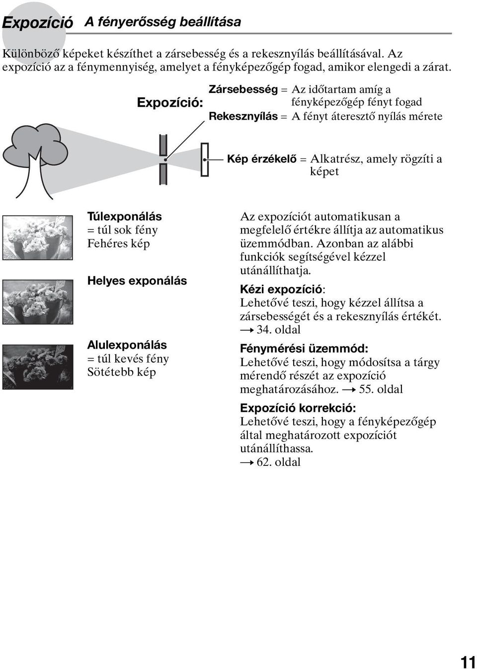 Fehéres kép Helyes exponálás Alulexponálás = túl kevés fény Sötétebb kép Az expozíciót automatikusan a megfelelő értékre állítja az automatikus üzemmódban.