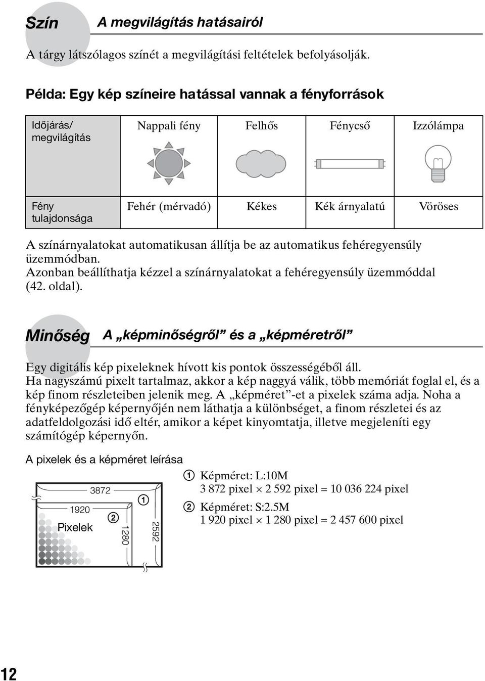 automatikusan állítja be az automatikus fehéregyensúly üzemmódban. Azonban beállíthatja kézzel a színárnyalatokat a fehéregyensúly üzemmóddal (42. oldal).