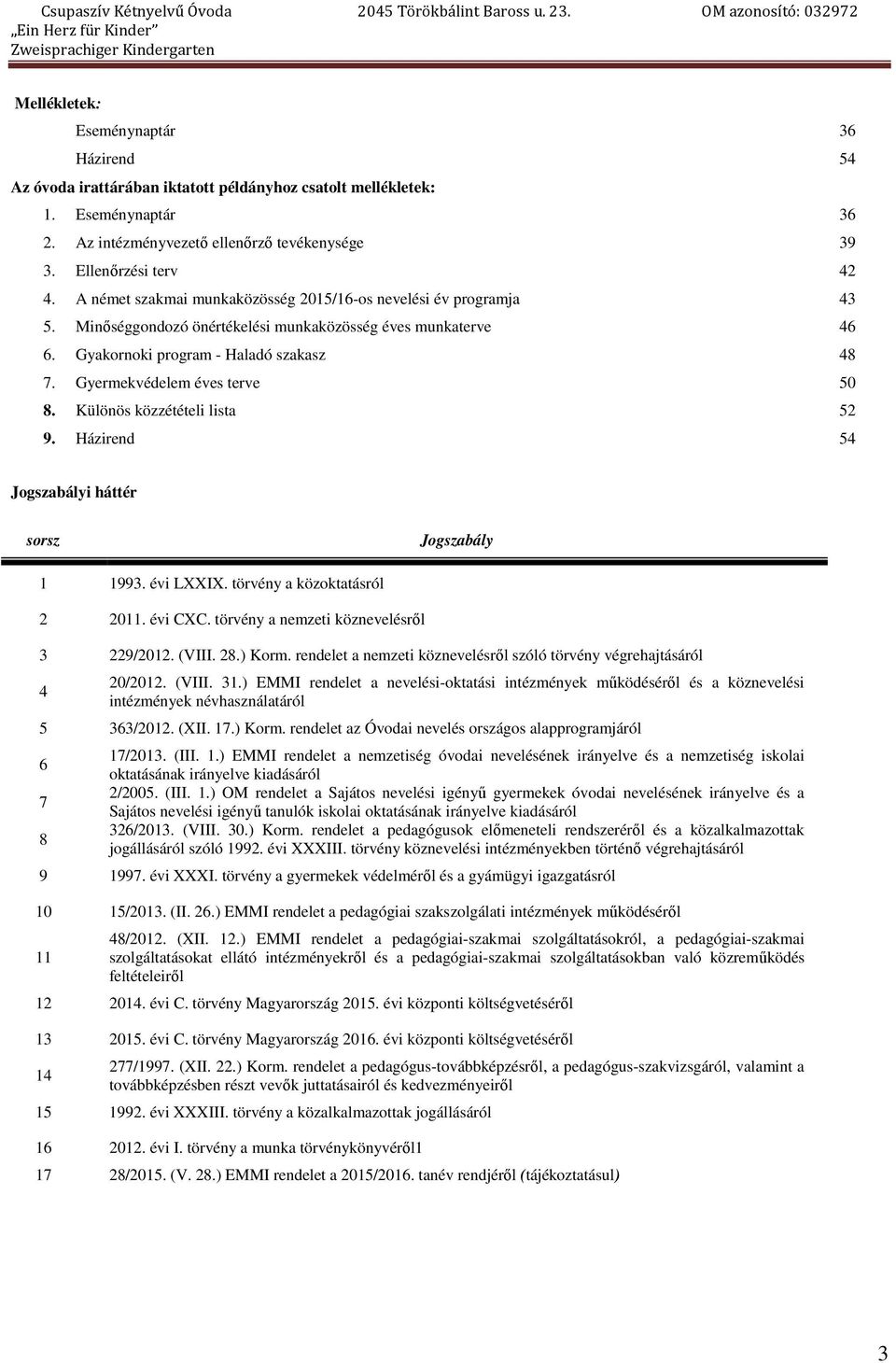 Gyermekvédelem éves terve 50 8. Különös közzétételi lista 52 9. Házirend 54 Jogszabályi háttér sorsz Jogszabály 1 1993. évi LXXIX. törvény a közoktatásról 2 2011. évi CXC.