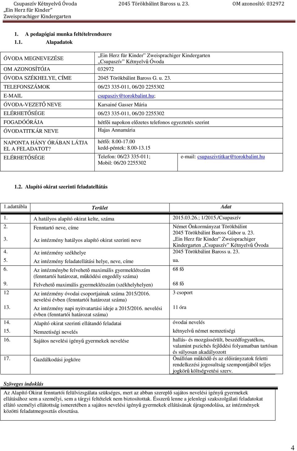 hu; Karsainé Gasser Mária ELÉRHETŐSÉGE 06/23 335-011, 06/20 2255302 FOGADÓÓRÁJA ÓVODATITKÁR NEVE NAPONTA HÁNY ÓRÁBAN LÁTJA EL A FELADATOT?