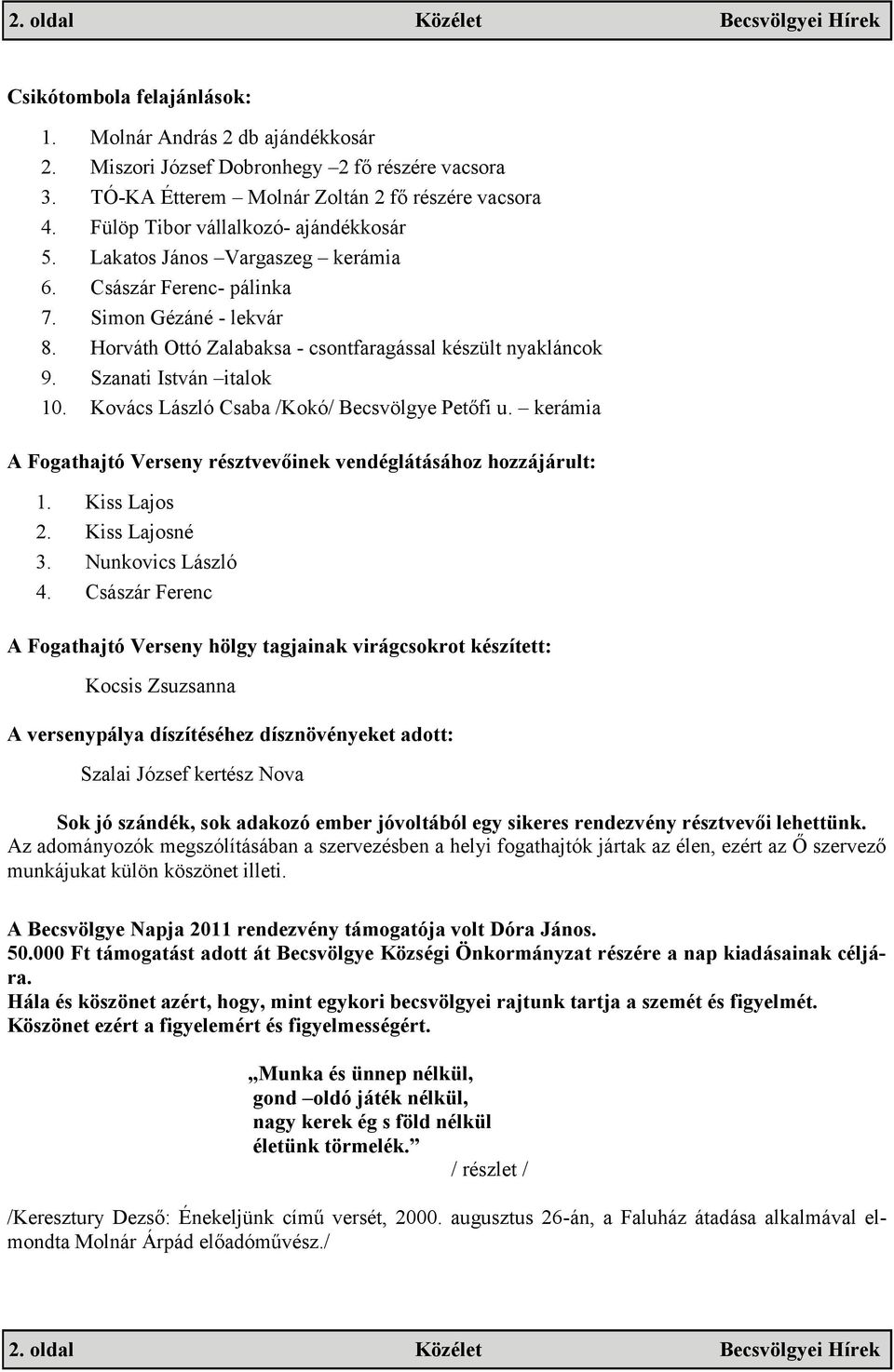 Horváth Ottó Zalabaksa - csontfaragással készült nyakláncok 9. Szanati István italok 10. Kovács László Csaba /Kokó/ Becsvölgye Petőfi u.