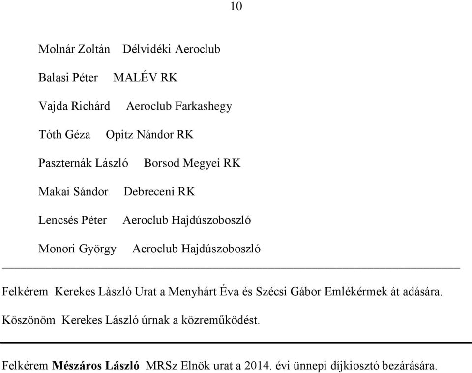 Aeroclub Hajdúszoboszló Felkérem Kerekes László Urat a Menyhárt Éva és Szécsi Gábor Emlékérmek át adására.