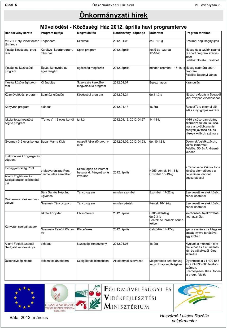 április havi programterve Karöltve- Sportprogram, Táncház Sport program 2012.