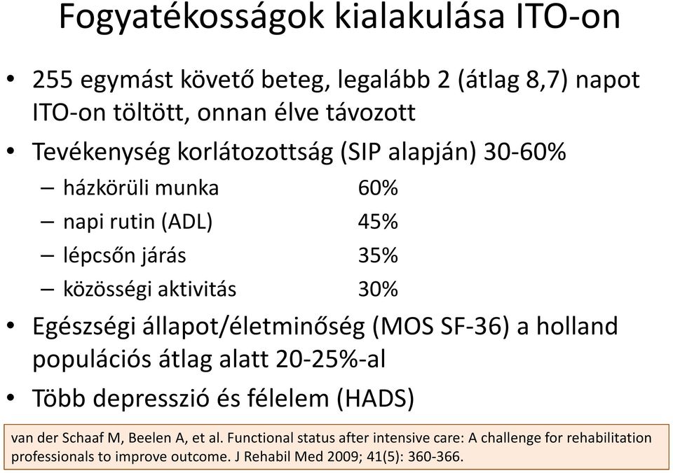 állapot/életminőség (MOS SF-36) a holland populációs átlag alatt 20-25%-al Több depresszió és félelem (HADS) van der SchaafM, Beelen A,