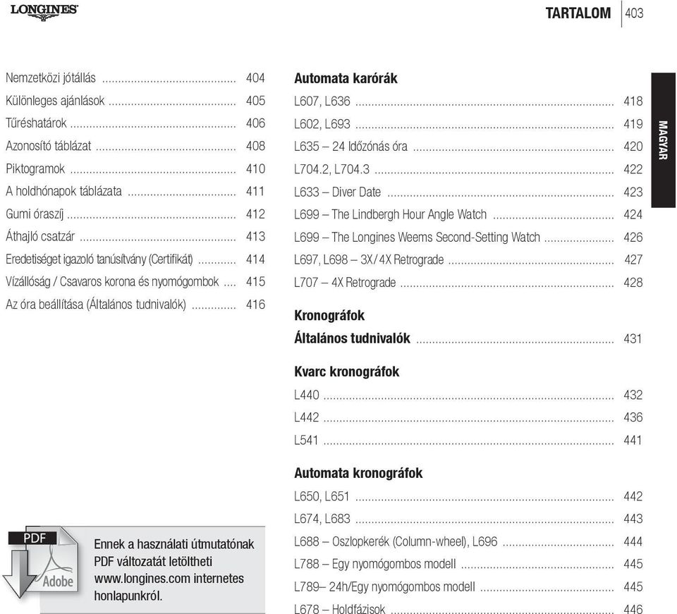 .. 416 Ennek a használati útmutatónak PDF változatát letöltheti www.longines.com internetes honlapunkról. Automata karórák L607, L636... 418 L602, L693... 419 L635 24 Időzónás óra... 420 L704.2, L704.