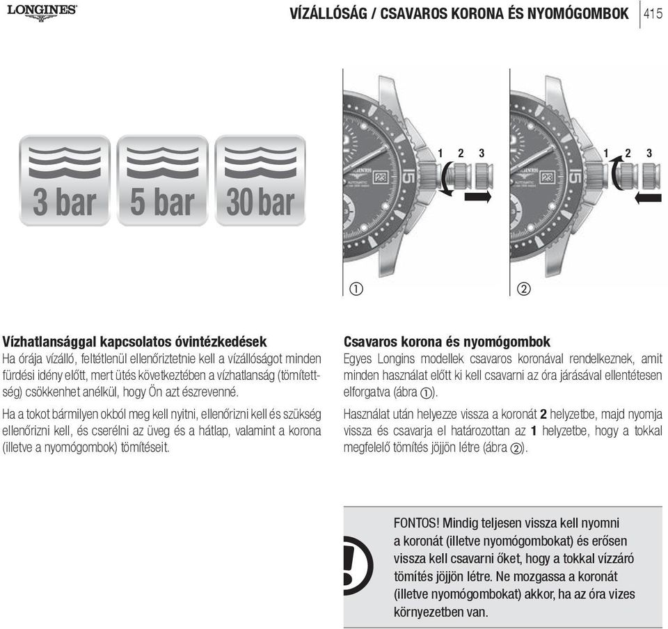 Ha a tokot bármilyen okból meg kell nyitni, ellenőrizni kell és szükség ellenőrizni kell, és cserélni az üveg és a hátlap, valamint a korona (illetve a nyomógombok) tömítéseit.