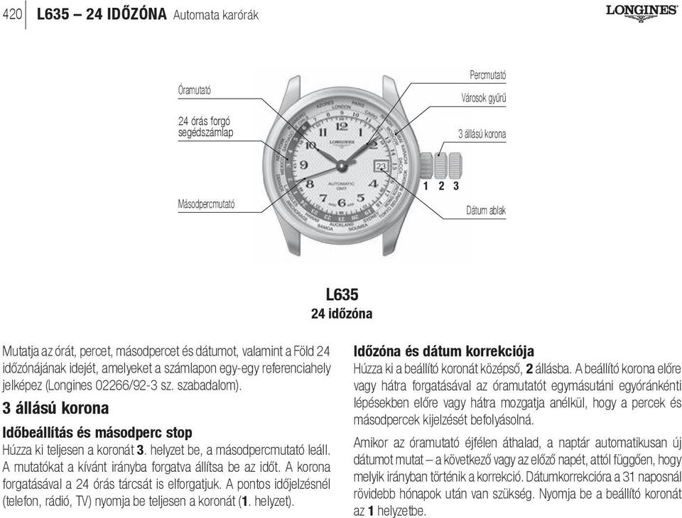 helyzet be, a másodpercmutató leáll. A mutatókat a kívánt irányba forgatva állítsa be az időt. A korona forgatásával a 24 órás tárcsát is elforgatjuk.