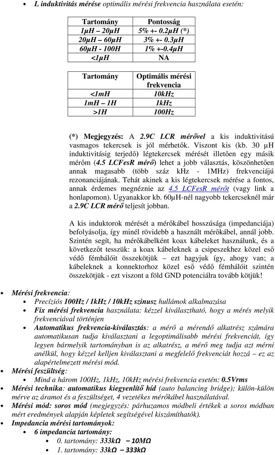 30 µh induktivitásig terjedő) légtekercsek mérését illetően egy másik mérőm (4.5 LCFesR mérő) lehet a jobb választás, köszönhetően annak magasabb (több száz khz - 1MHz) frekvenciájú rezonanciájának.