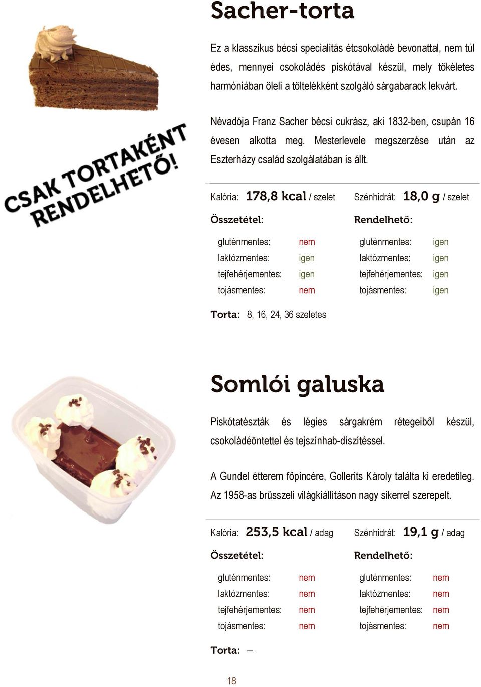 Kalória: 178,8 kcal / szelet Szénhidrát: 18,0 g / szelet Somlói galuska Piskótatészták és légies sárgakrém rétegeiből készül, csokoládéöntettel és tejszínhab-díszítéssel.
