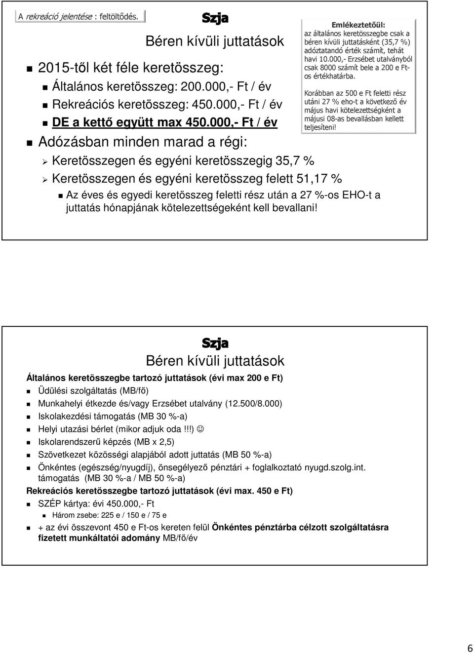 000,- Ft / év Adózásban minden marad a régi: Keretösszegen és egyéni keretösszegig 35,7 % Keretösszegen és egyéni keretösszeg felett 51,17 % Emlékeztetőül: az általános keretösszegbe csak a béren