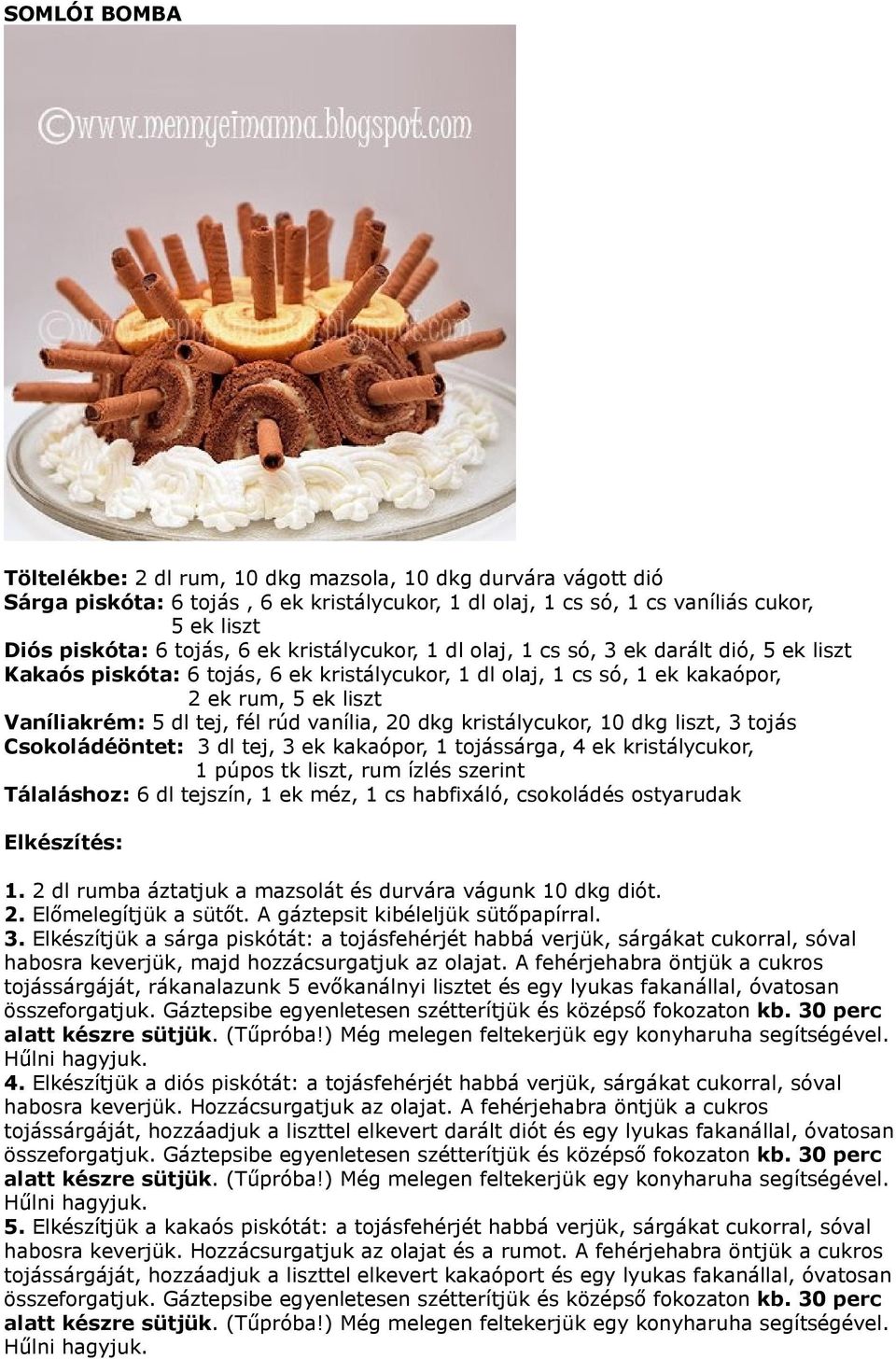 vanília, 20 dkg kristálycukor, 10 dkg liszt, 3 tojás Csokoládéöntet: 3 dl tej, 3 ek kakaópor, 1 tojássárga, 4 ek kristálycukor, 1 púpos tk liszt, rum ízlés szerint Tálaláshoz: 6 dl tejszín, 1 ek méz,