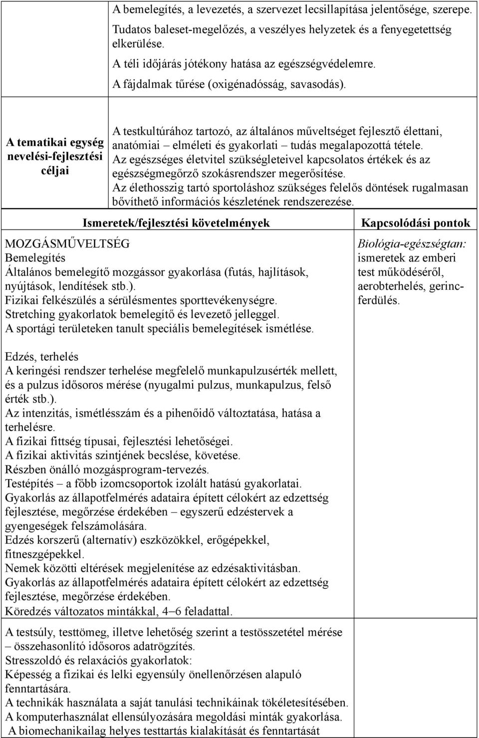 A tematikai egység nevelési-fejlesztési céljai A testkultúrához tartozó, az általános műveltséget fejlesztő élettani, anatómiai elméleti és gyakorlati tudás megalapozottá tétele.