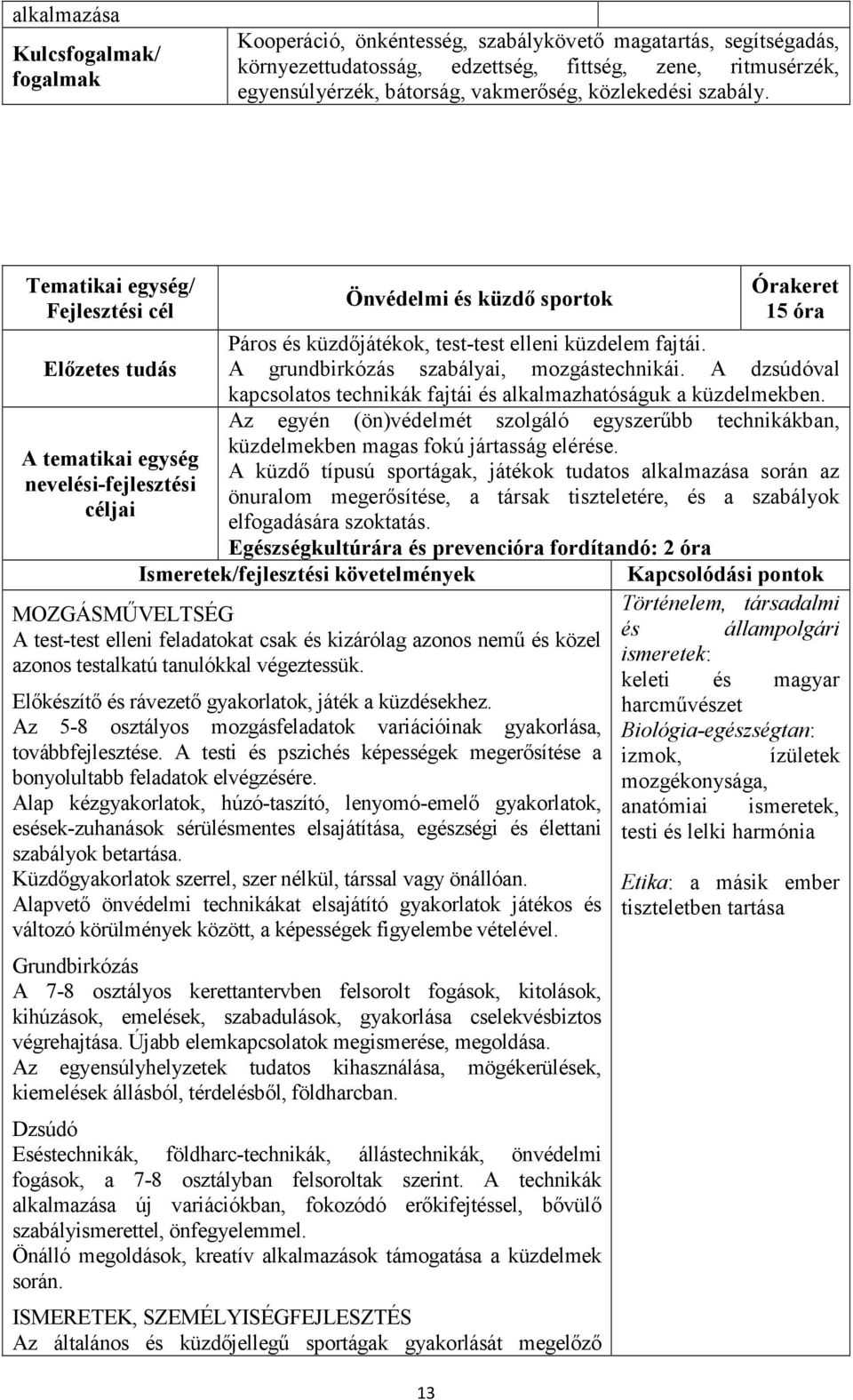 Tematikai egység/ Fejlesztési cél Előzetes tudás A tematikai egység nevelési-fejlesztési céljai Önvédelmi és küzdő sportok 13 Órakeret 15 óra Páros és küzdőjátékok, test-test elleni küzdelem fajtái.