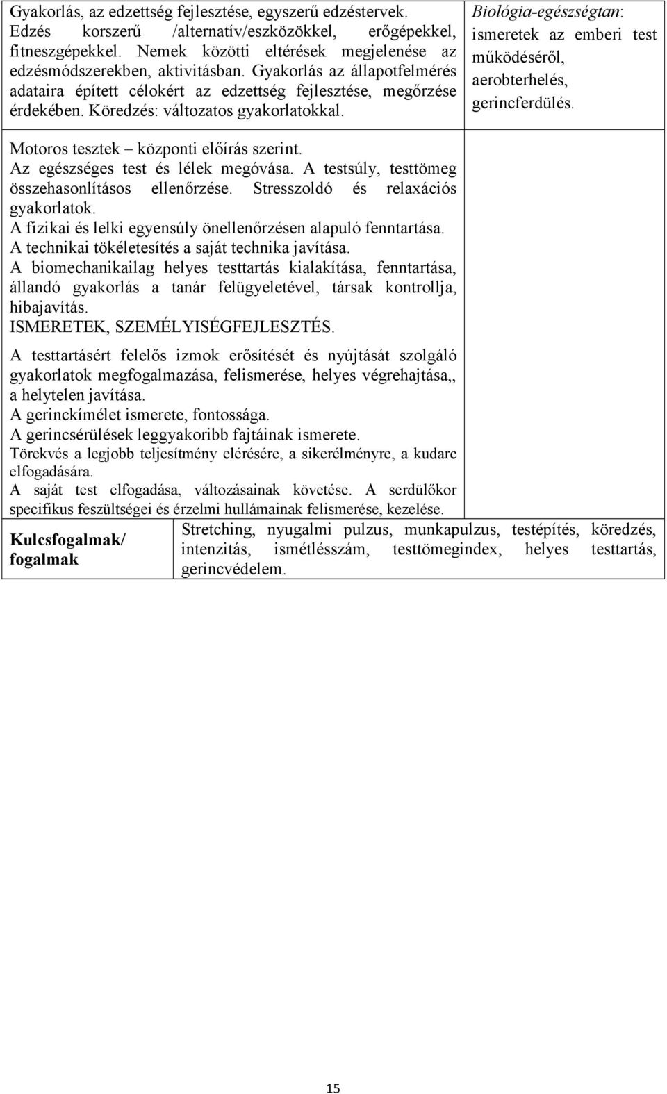 Biológia-egészségtan: ismeretek az emberi test működéséről, aerobterhelés, gerincferdülés. Motoros tesztek központi előírás szerint. Az egészséges test és lélek megóvása.