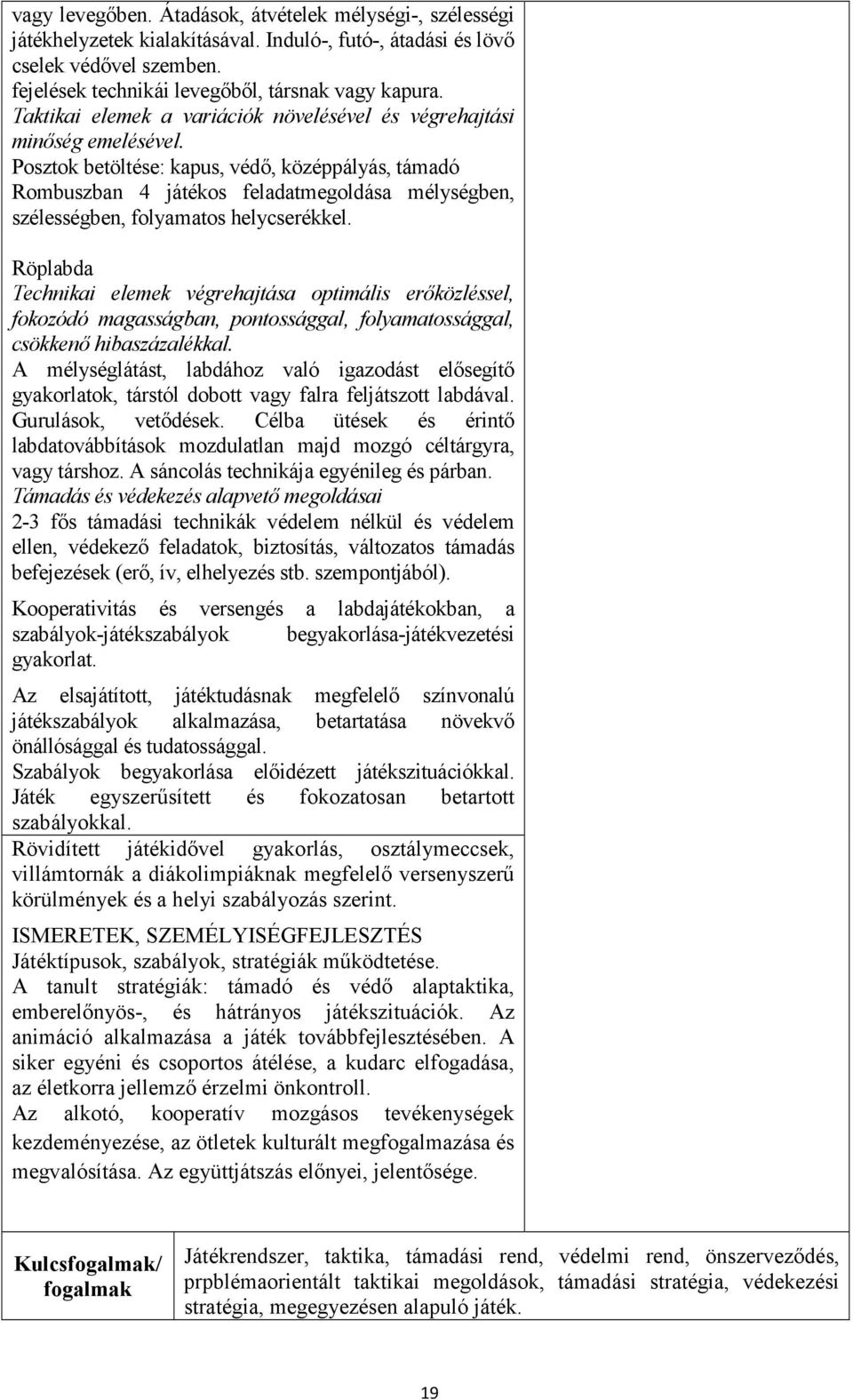 Posztok betöltése: kapus, védő, középpályás, támadó Rombuszban 4 játékos feladatmegoldása mélységben, szélességben, folyamatos helycserékkel.