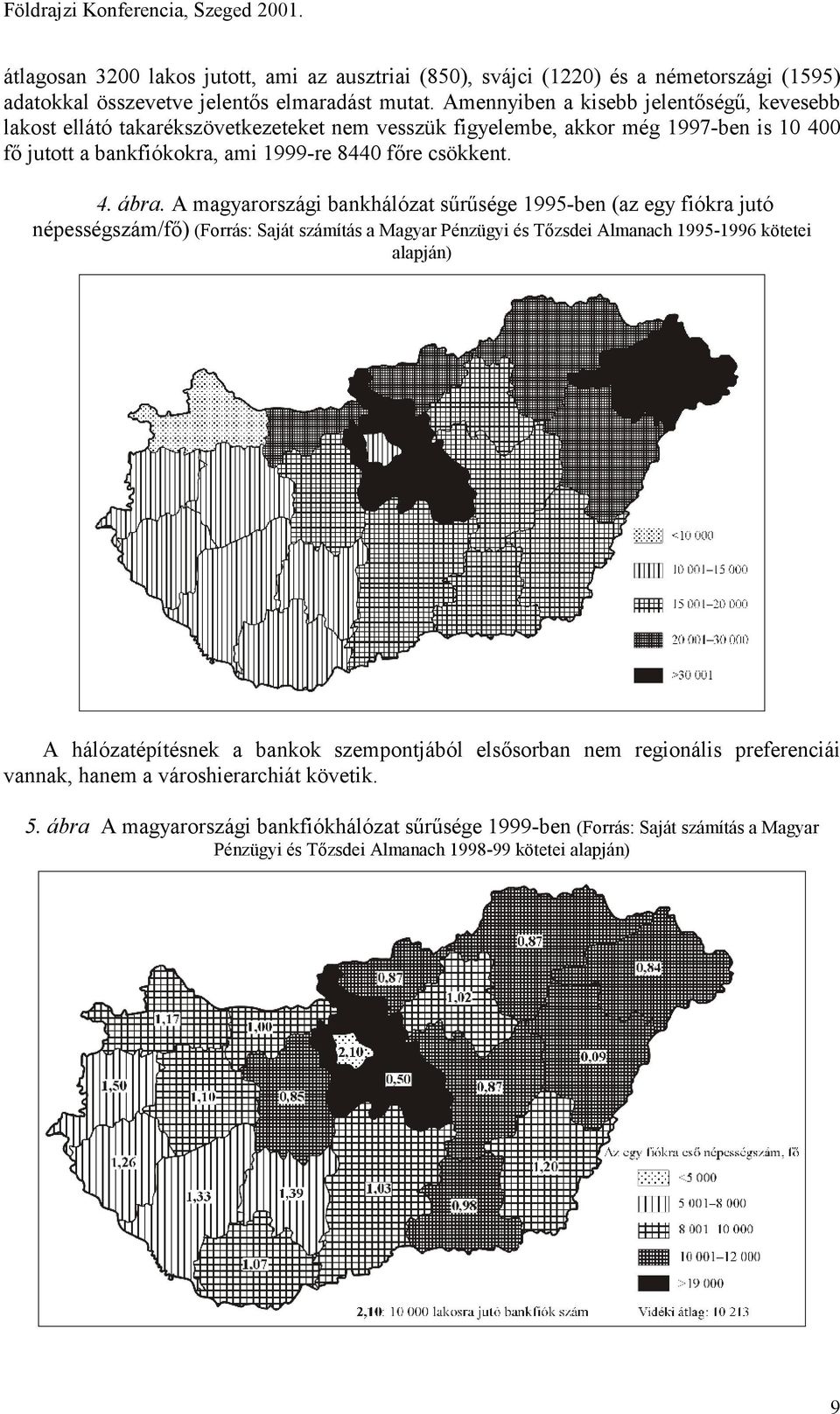 A magyarországi bankhálózat sűrűsége 1995-ben (az egy fiókra jutó népességszám/fő) (Forrás: Saját számítás a Magyar Pénzügyi és Tőzsdei Almanach 1995-1996 kötetei alapján) A hálózatépítésnek a