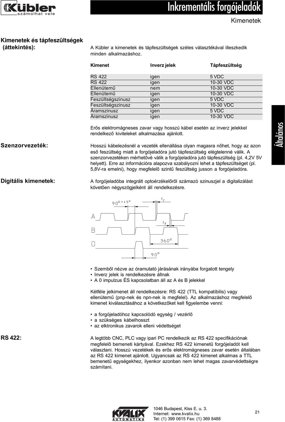 igen 5 VDC Áramszinusz igen 10-30 VDC Szenzorvezeték: Erõs elektromágneses zavar vagy hosszú kábel esetén az inverz jelekkel rendelkezõ kiviteleket alkalmazása ajánlott.