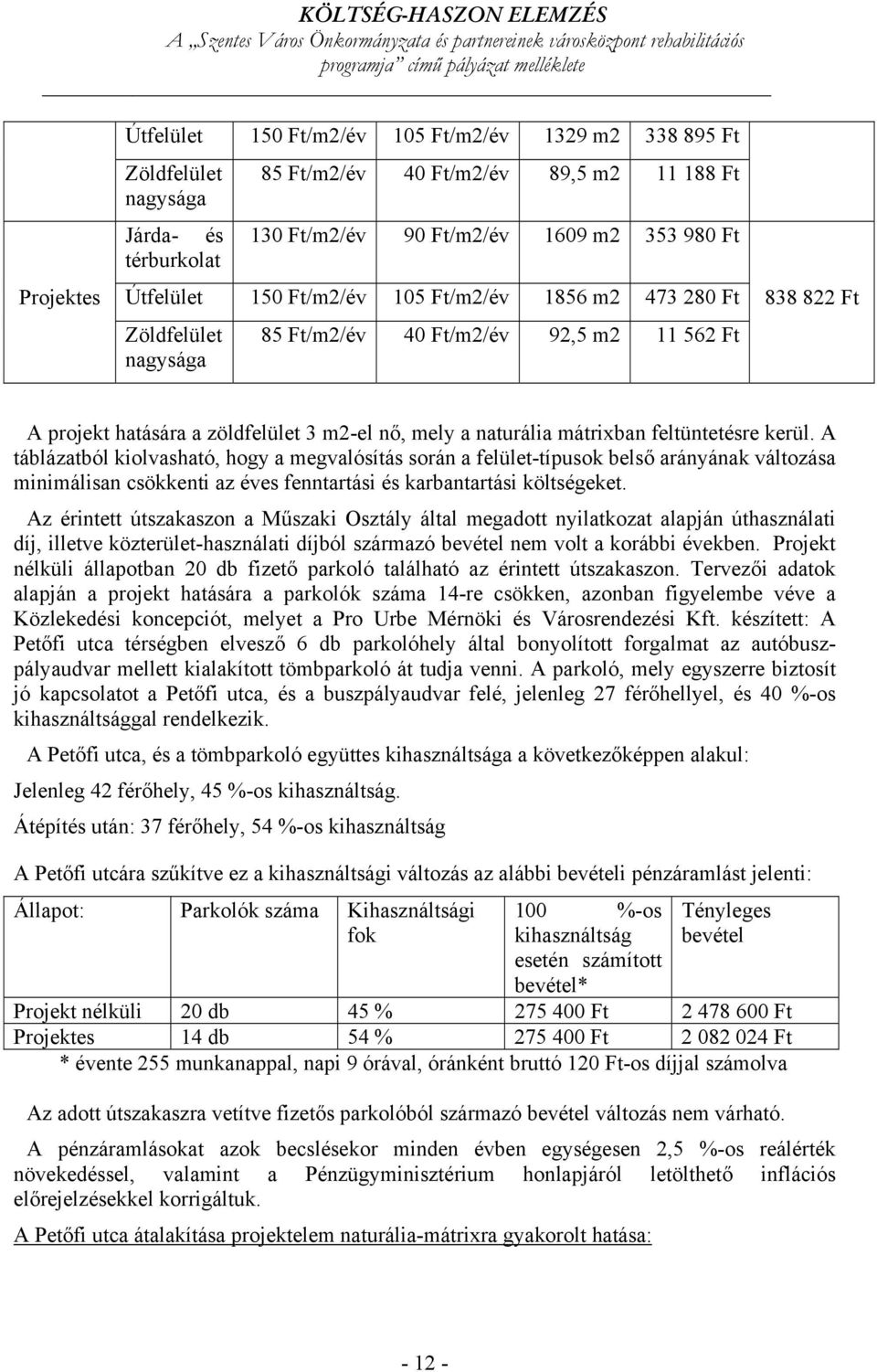 kerül. A táblázatból kiolvasható, hogy a megvalósítás során a felület-típusok belső arányának változása minimálisan csökkenti az éves fenntartási és karbantartási költségeket.