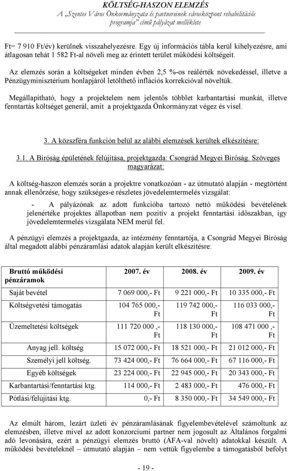 Megállapítható, hogy a projektelem nem jelentős többlet karbantartási munkát, illetve fenntartás költséget generál, amit a projektgazda Önkormányzat végez és visel. 3.