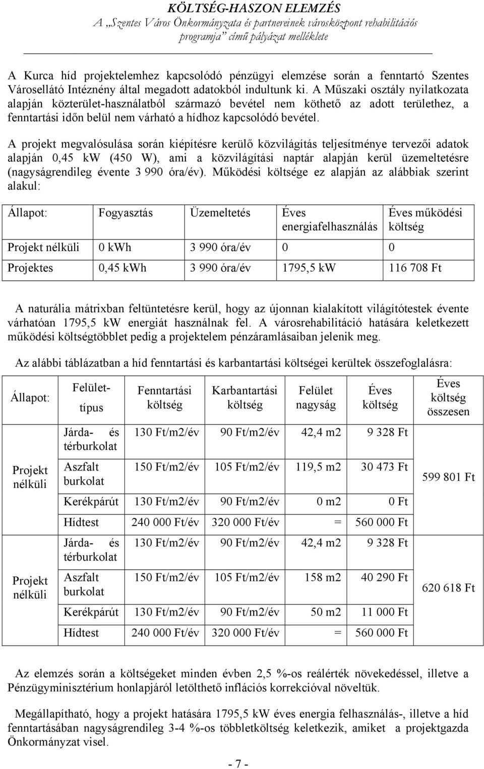 A projekt megvalósulása során kiépítésre kerülő közvilágítás teljesítménye tervezői adatok alapján,45 kw (45 W), ami a közvilágítási naptár alapján kerül üzemeltetésre (nagyságrendileg évente 3 99