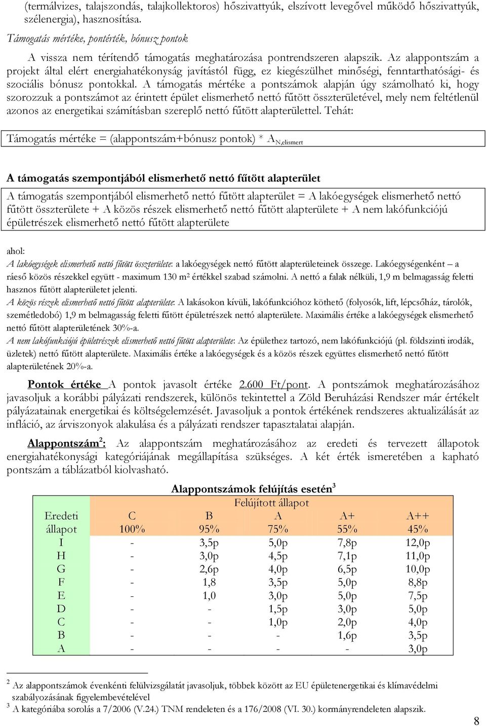 Az alappontszám a projekt által elért energiahatékonyság javítástól függ, ez kiegészülhet minőségi, fenntarthatósági- és szociális bónusz pontokkal.