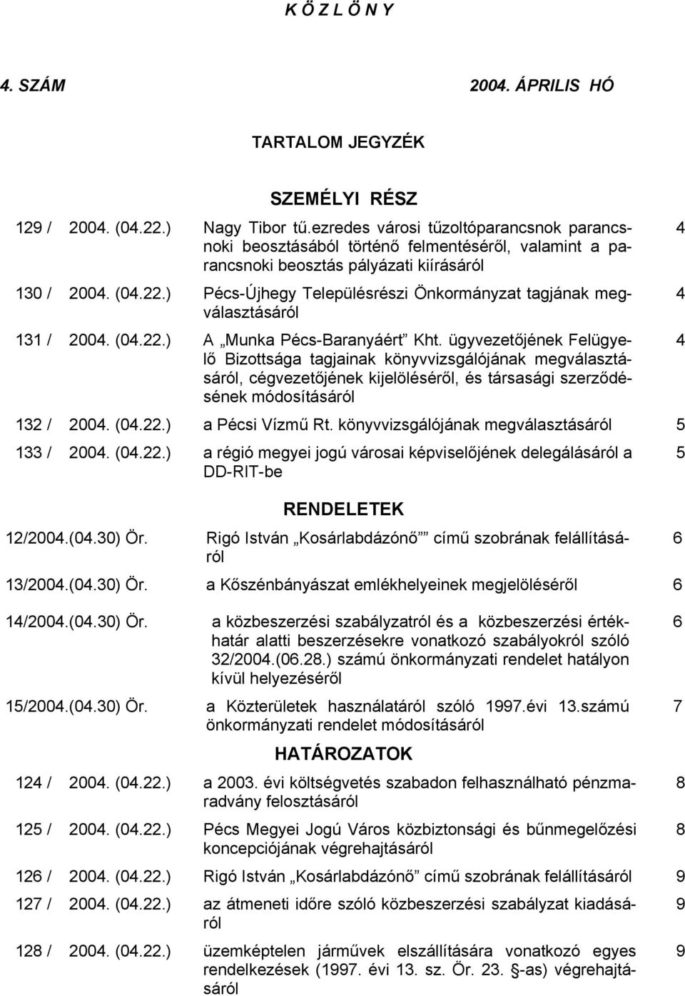 ) Pécs-Újhegy Településrészi Önkormányzat tagjának megválasztásáról 131 / 2004. (04.22.) A Munka Pécs-Baranyáért Kht.