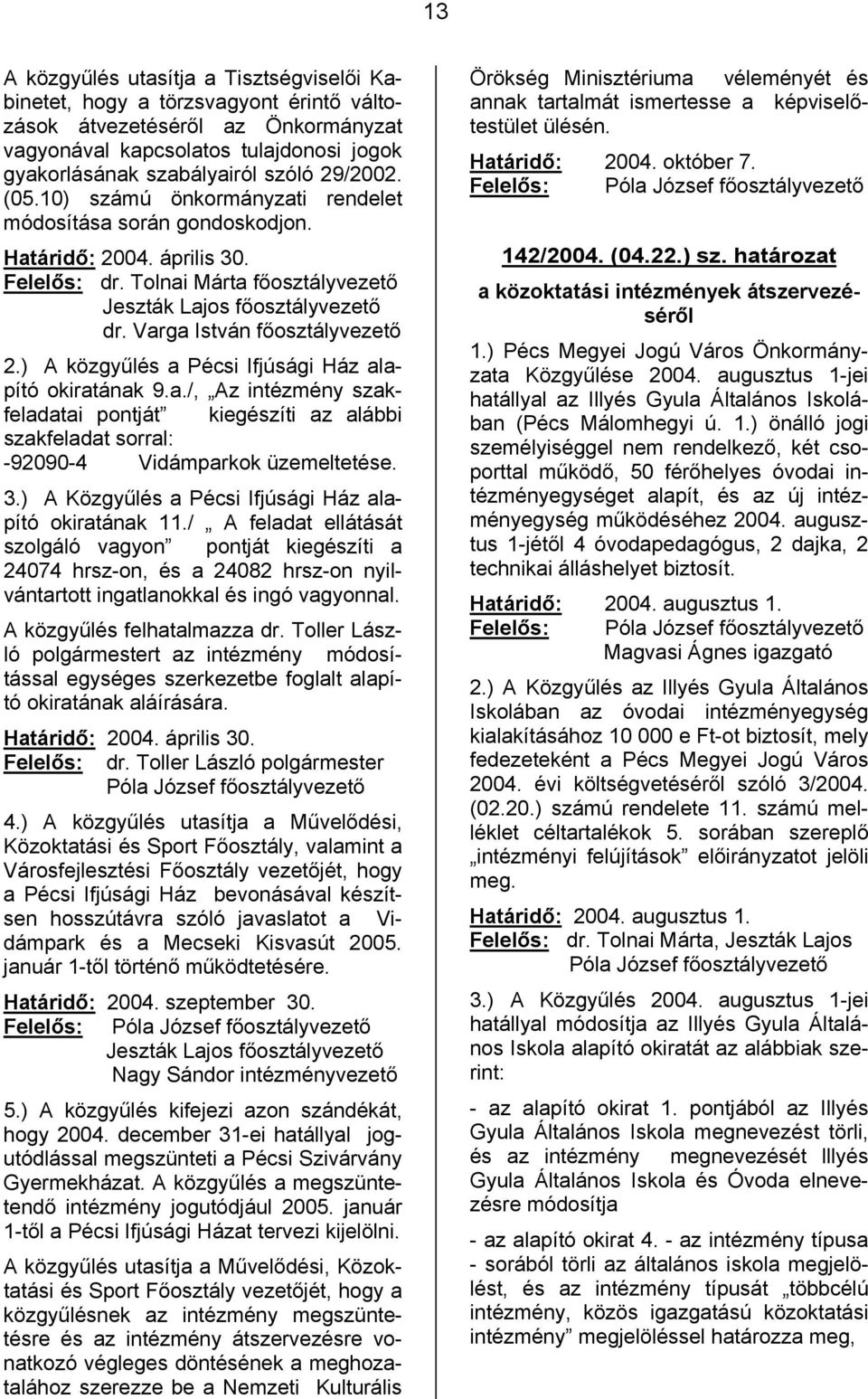 Varga István főosztályvezető 2.) A közgyűlés a Pécsi Ifjúsági Ház alapító okiratának 9.a./, Az intézmény szakfeladatai pontját kiegészíti az alábbi szakfeladat sorral: -92090-4 Vidámparkok üzemeltetése.