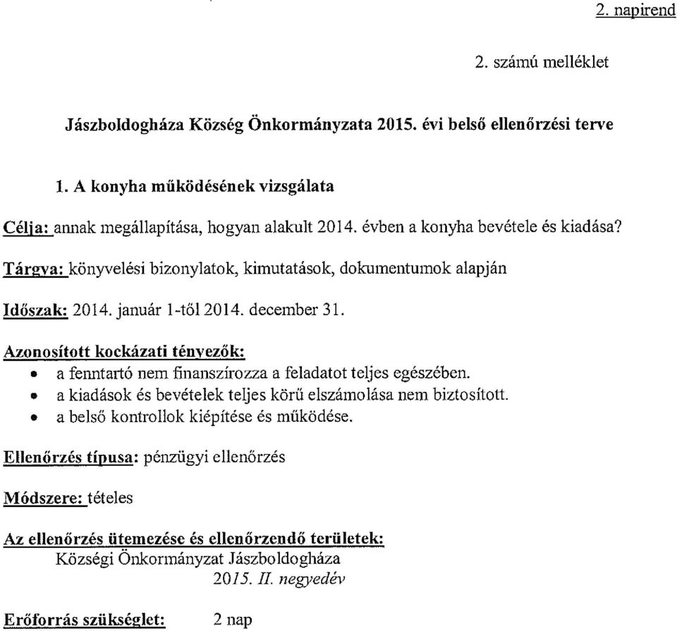 Tári~va: könyvelési bizonylatok, kimutatások, dokumentumok alapján Időszak: 2014. január 1-től 2014. december 31. Azonosított kockázati tényezők:.