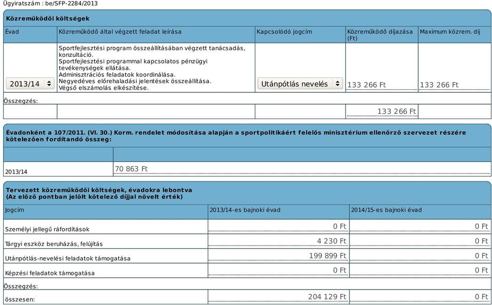 Utánpótlás nevelés Maximum közrem. díj 133 266 Ft 133 266 Ft 133 266 Ft Évadonként a 107/2011. (VI. 30.) Korm.