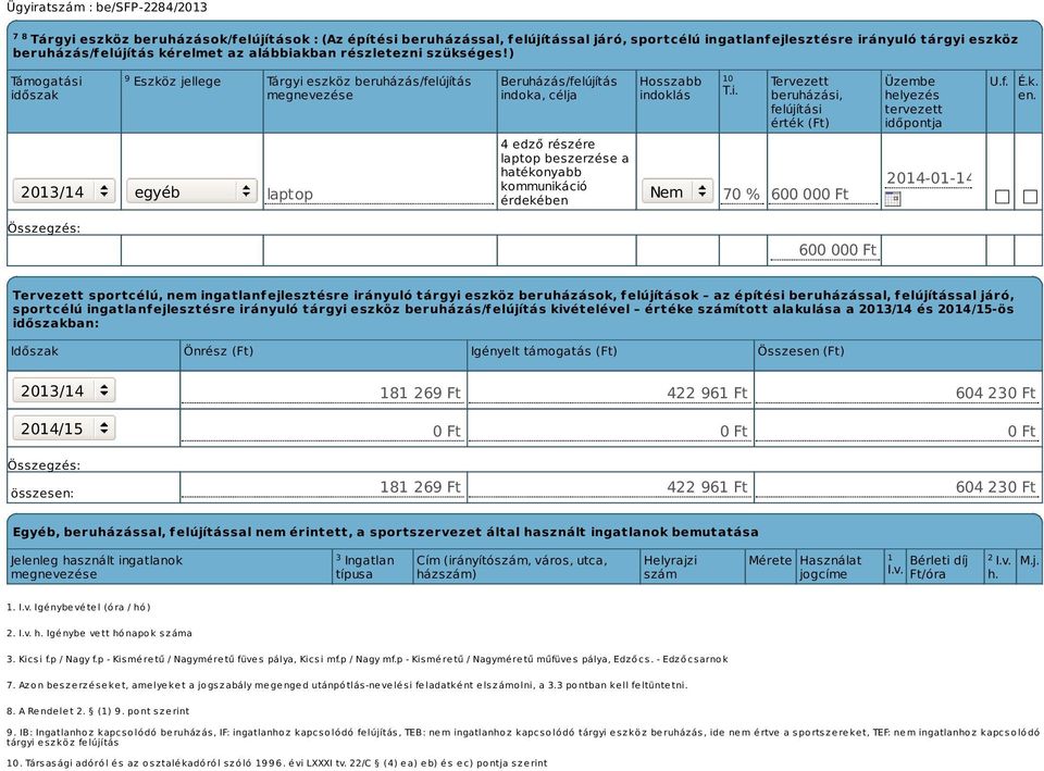 ) Támogatási időszak Eszköz jellege 2013/14 egyéb Tárgyi eszköz beruházás/felújítás megnevezése 9 10 laptop Beruházás/felújítás indoka, célja 4 edző részére laptop beszerzése a hatékonyabb