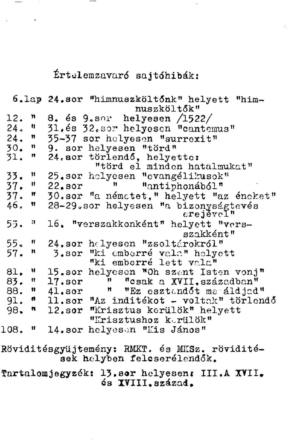 sor "a németet," helyett "az éneket" 46. ti 28-29«sor helyesen "a bizonyságtevés erejére!" 53. TI 16. "verszakkonként" helyett "versszakként " 24.sor helyesen "zsoltárokról" 55«II 57. tt 81. It 83.