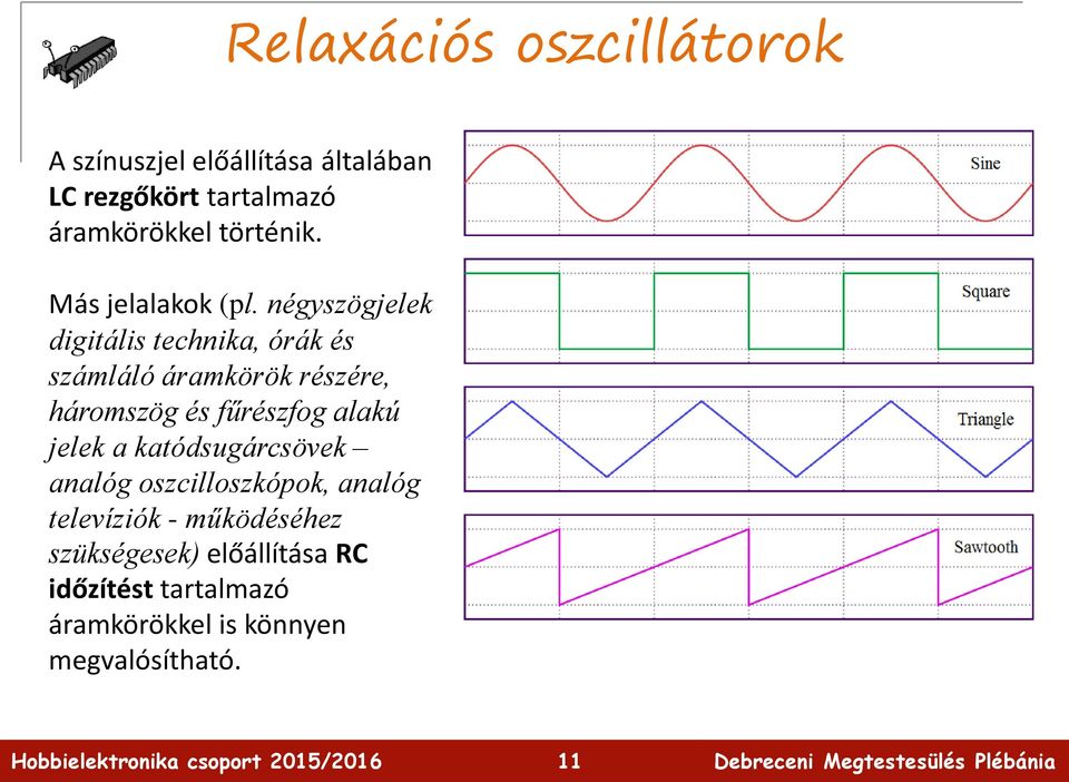 négyszögjelek digitális technika, órák és számláló áramkörök részére, háromszög és fűrészfog alakú