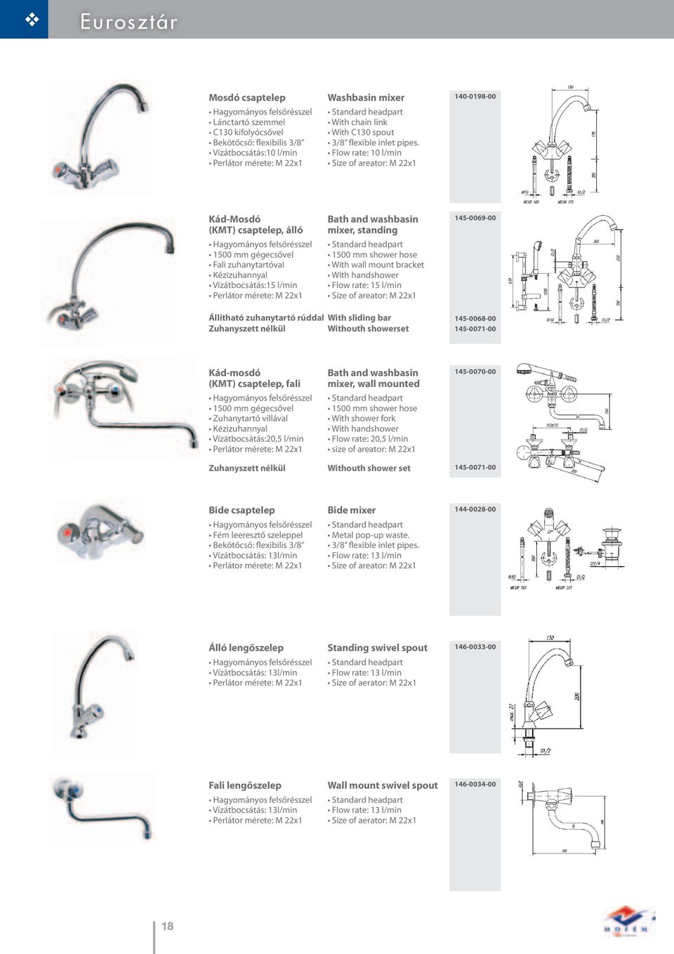 Flow rate: 10 l/min Size of areator: M 22x1 140-0198-00 Kád-Mosdó (KMT) csaptelep, álló Hagyományos felsőrésszel 1500 mm gégecsővel Fali zuhanytartóval Kézizuhannyal Vízátbocsátás:15 l/min Perlátor