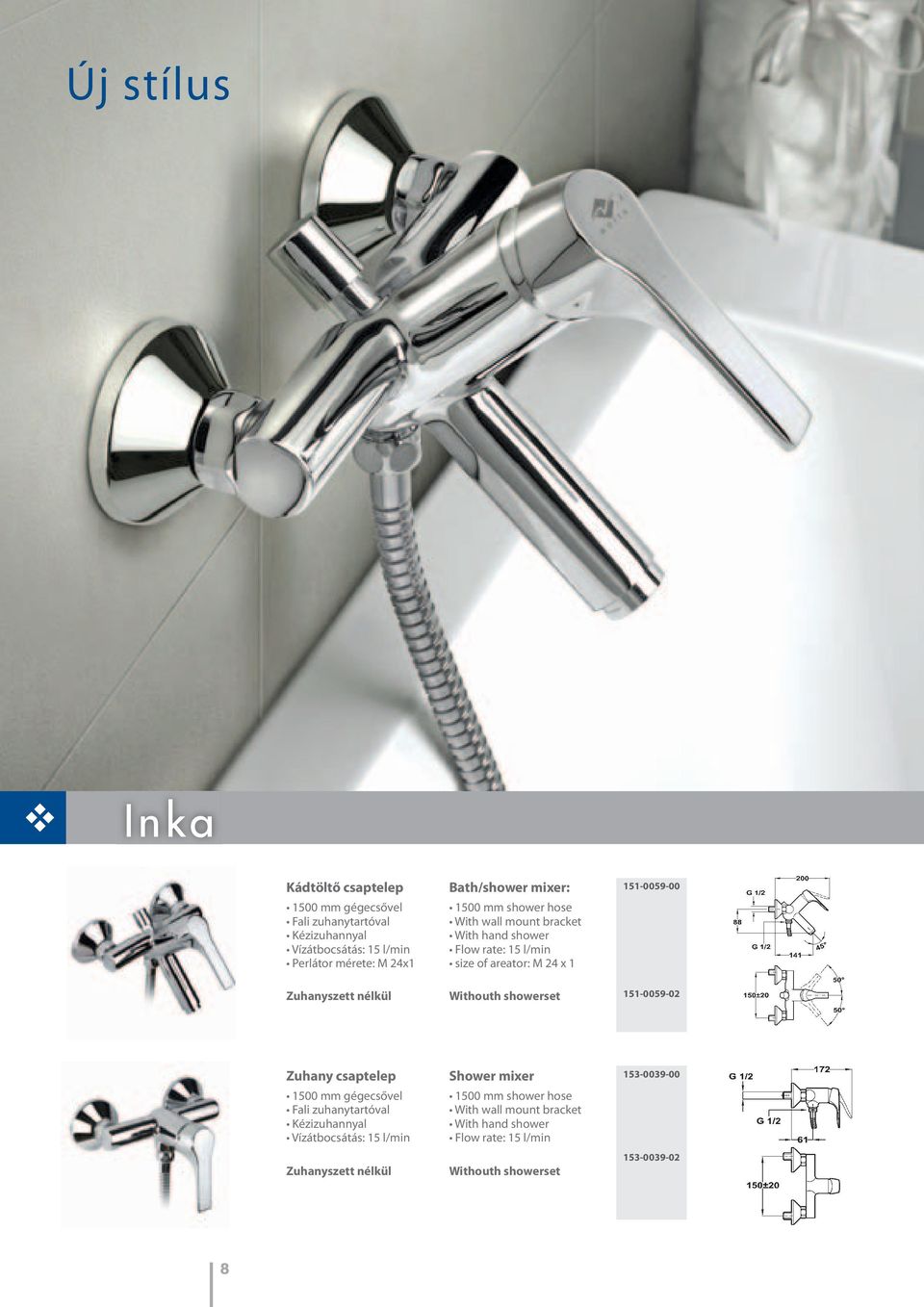 Zuhanyszett nélkül Withouth showerset 151-0059-02 Zuhany csaptelep 1500 mm gégecsővel Fali zuhanytartóval Kézizuhannyal Vízátbocsátás: 15 l/min