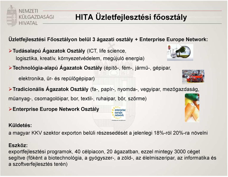 vegyipar, mezőgazdaság, műanyag-, csomagolóipar, bor, textil-, ruhaipar, bőr, szőrme) Enterprise Europe Network Osztály Küldetés: a magyar KKV szektor exporton belüli részesedését a jelenlegi 18%-ról