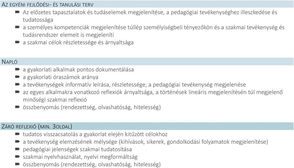 óraszámok aránya a tevékenységek informatív leírása, részletessége, a pedagógiai tevékenység megjelenése az egyes alkalmakra vonatkozó reflexiók árnyaltsága, a történések lineáris megjelenítésén túl