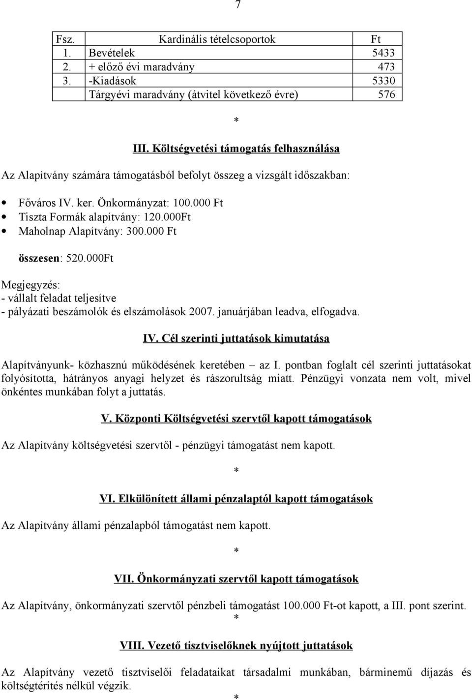 000Ft Maholnap Alapítvány: 300.000 Ft összesen: 520.000Ft Megjegyzés: - vállalt feladat teljesítve - pályázati beszámolók és elszámolások 2007. januárjában leadva, elfogadva. IV.