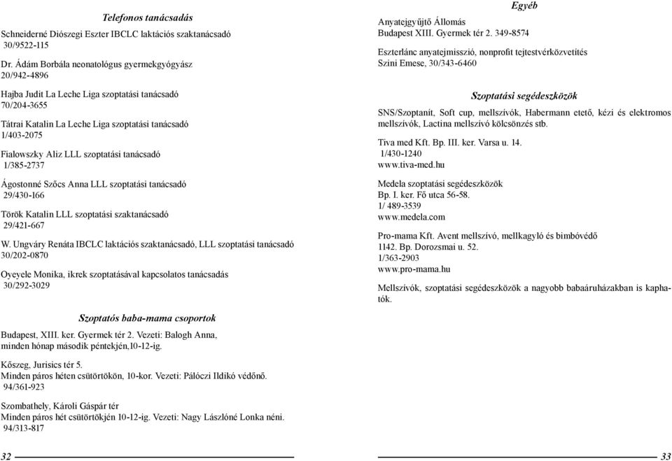 szoptatási tanácsadó 1/385-2737 Ágostonné Szőcs Anna LLL szoptatási tanácsadó 29/430-166 Török Katalin LLL szoptatási szaktanácsadó 29/421-667 W.