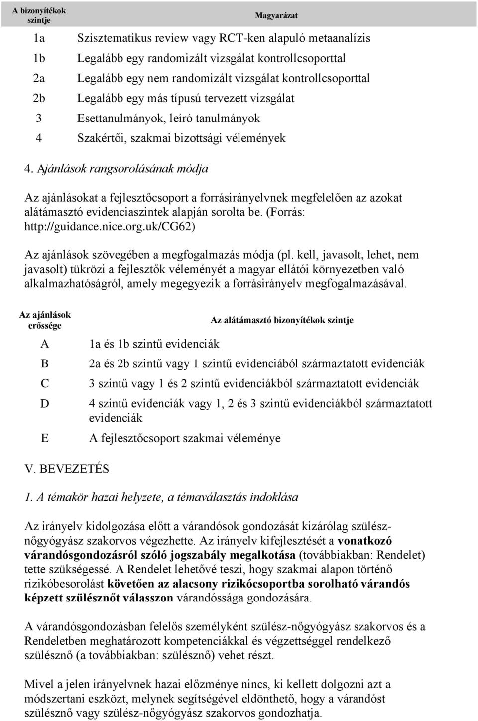 Ajánlások rangsorolásának módja Az ajánlásokat a fejlesztőcsoport a forrásirányelvnek megfelelően az azokat alátámasztó evidenciaszintek alapján sorolta be. (Forrás: http://guidance.nice.org.