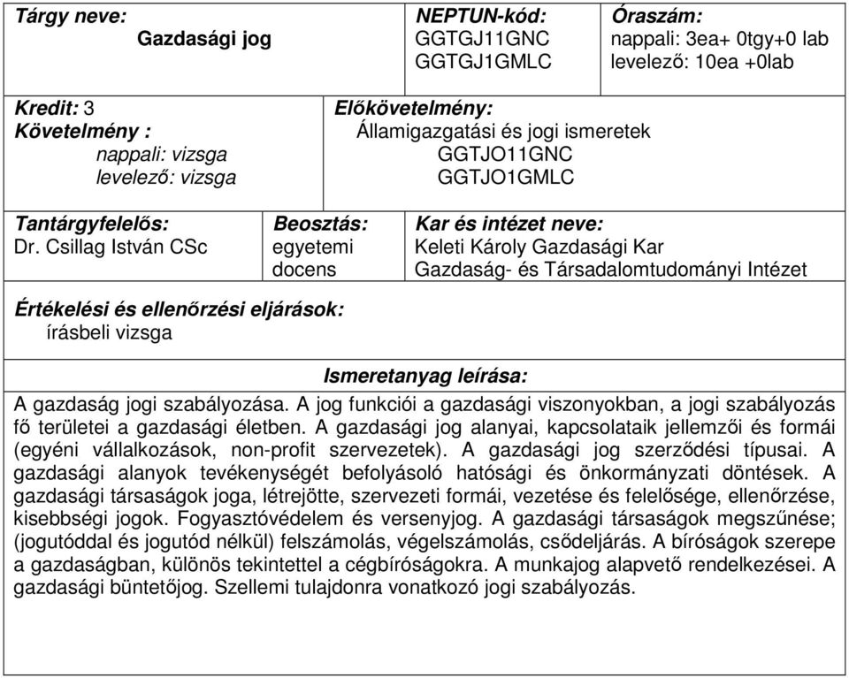 A jog funkciói a gazdasági viszonyokban, a jogi szabályozás fő területei a gazdasági életben. A gazdasági jog alanyai, kapcsolataik jellemzői és formái (egyéni vállalkozások, non-profit szervezetek).