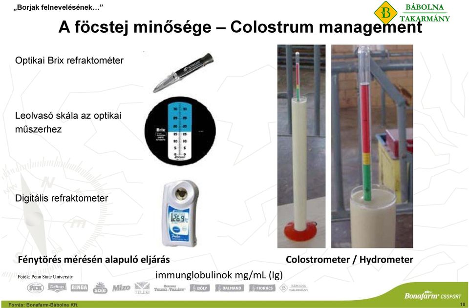 Fénytörés mérésén alapuló eljárás Colostrometer / Hydrometer Fotók: