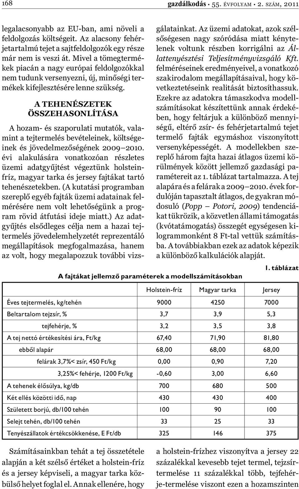 A TEHENÉSZETEK ÖSSZEHASONLÍTÁSA A hozam- és szaporulati mutatók, valamint a tejtermelés bevételeinek, költségeinek és jövedelmezőségének 2009 2010.