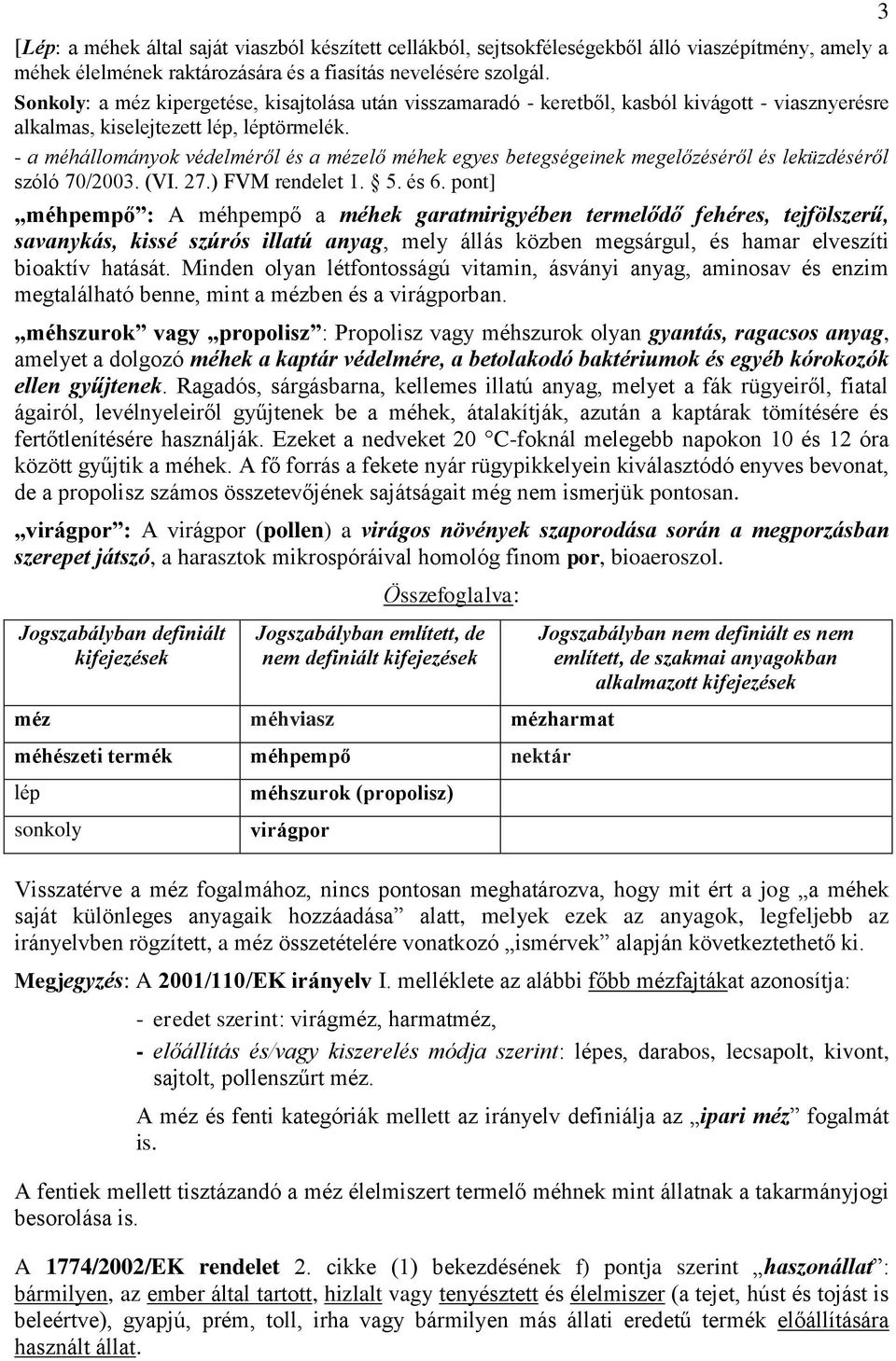 - a méhállományok védelméről és a mézelő méhek egyes betegségeinek megelőzéséről és leküzdéséről szóló 70/2003. (VI. 27.) FVM rendelet 1. 5. és 6.