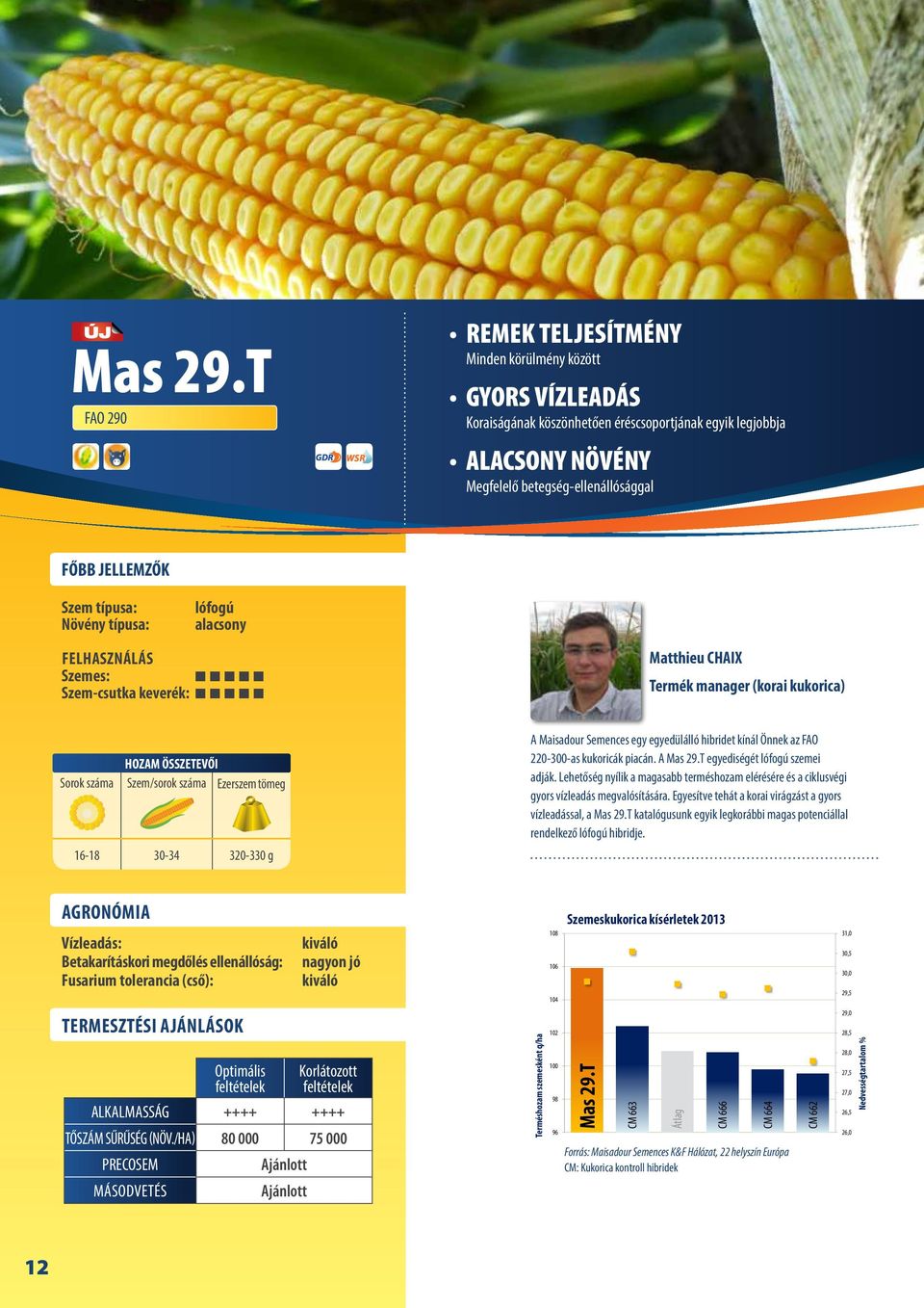 típusa: lófogú alacsony Szem-csutka keverék: Matthieu CHAIX Termék manager (korai kukorica) 16-18 30-34 320-330 g A Maisadour Semences egy egyedülálló hibridet kínál Önnek az FAO 220-300-as kukoricák