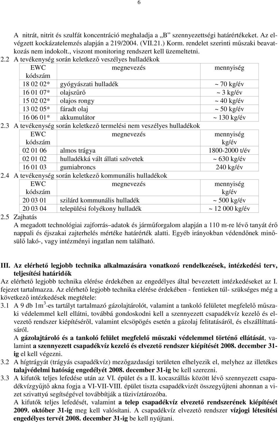 2 A tevékenység során keletkezı veszélyes hulladékok EWC megnevezés mennyiség kódszám 18 02 02* gyógyászati hulladék ~ 70 kg/év 16 01 07* olajszőrı ~ 3 kg/év 15 02 02* olajos rongy ~ 40 kg/év 13 02