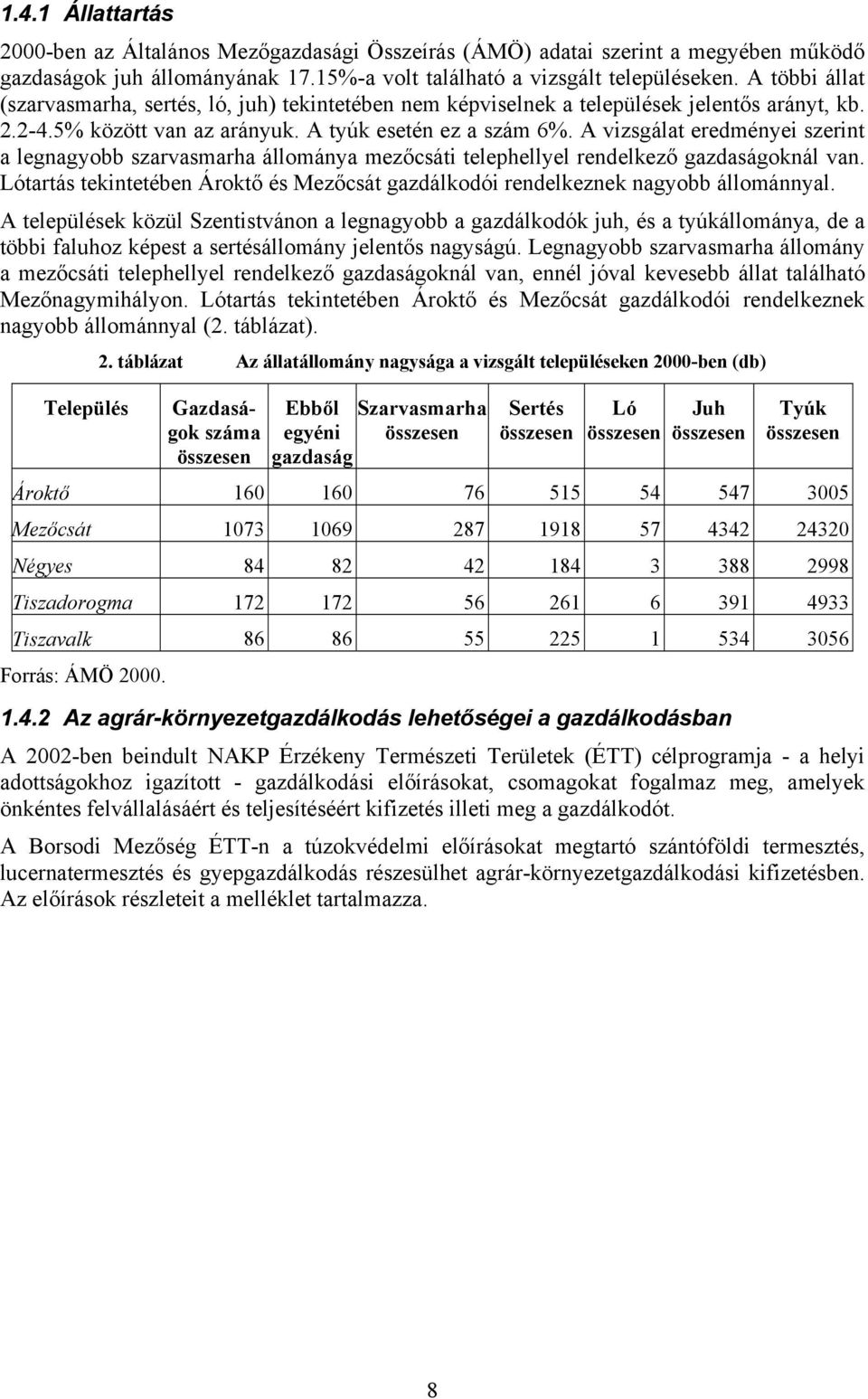 A vizsgálat eredményei szerint a legnagyobb szarvasmarha állománya mezőcsáti telephellyel rendelkező gazdaságoknál van.